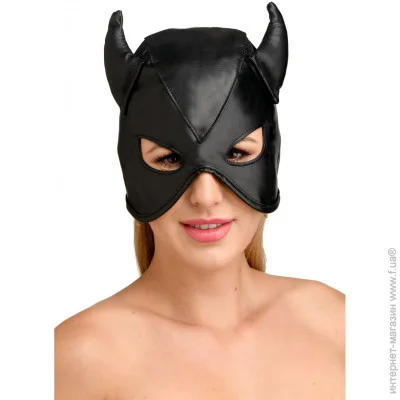 ,   Master Series Dungeon Demon Bondage Mask with Horns - Black (SO8800)