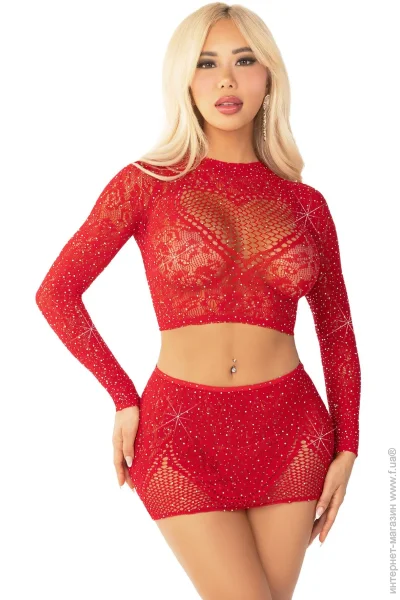  Leg Avenue Rhinestone Crop Top and Mini Skirt One Size, Red (SX1745)